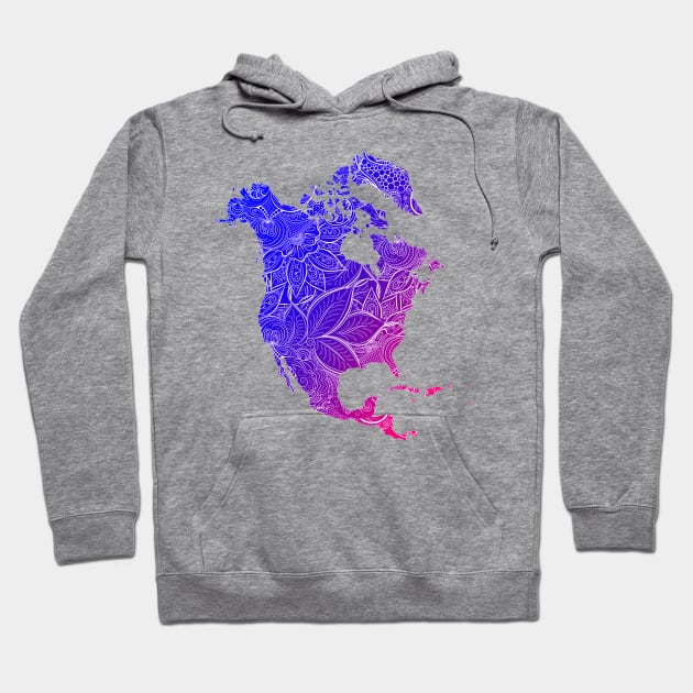 Colorful mandala art map of North America with text in blue and violet Hoodie by Happy Citizen